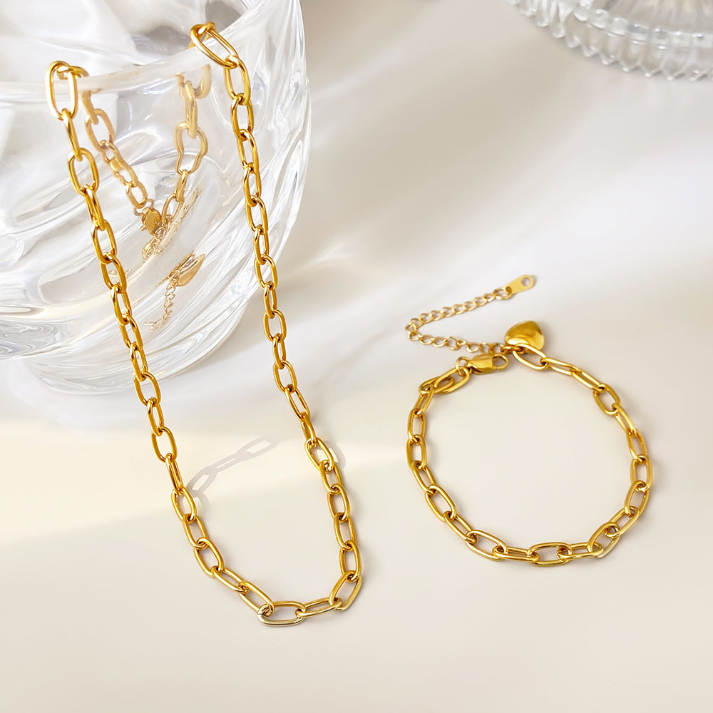 Classic Style Waterproof Pvd Plated Jewelry Set Gold Plated Heart Bracelet Necklace Chain 12 piece