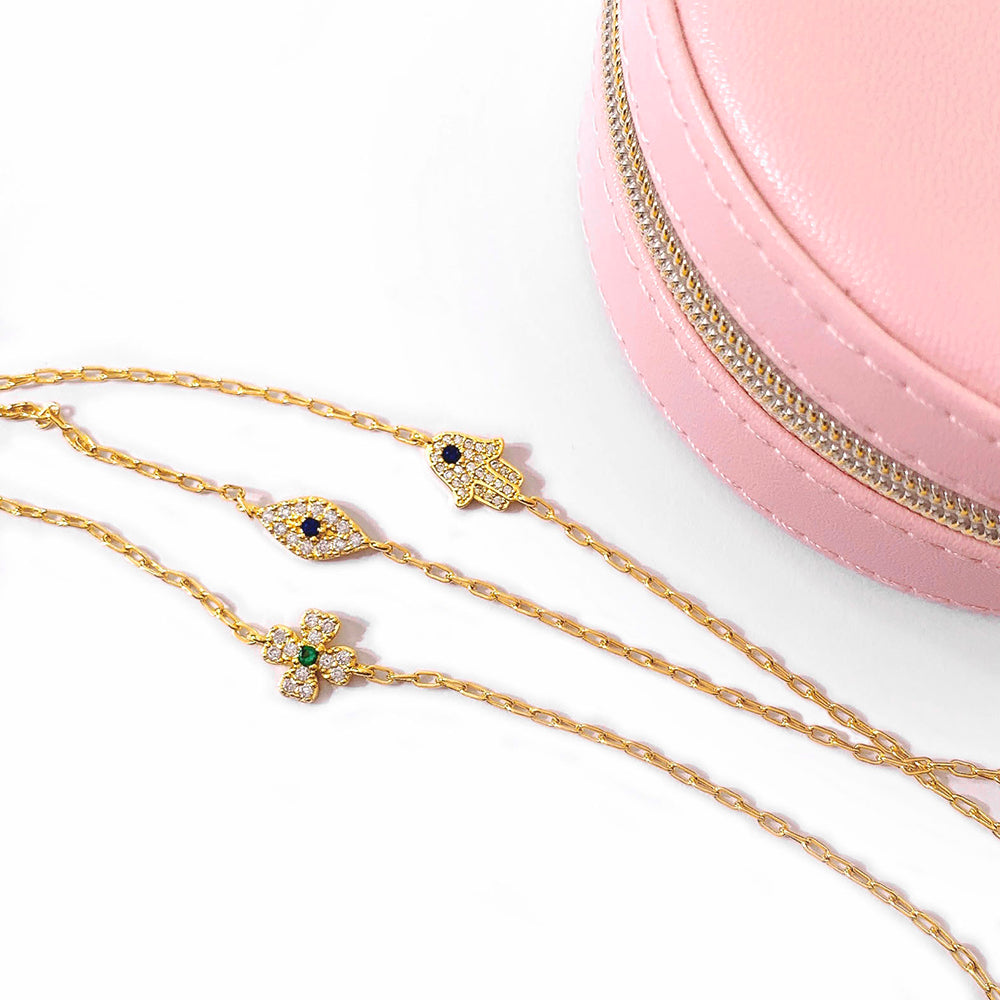 Wholesale Jewelry Gold Plated Eye Flower Hamsa Hand Cz Link Chain Bracelet price of 12 pieces