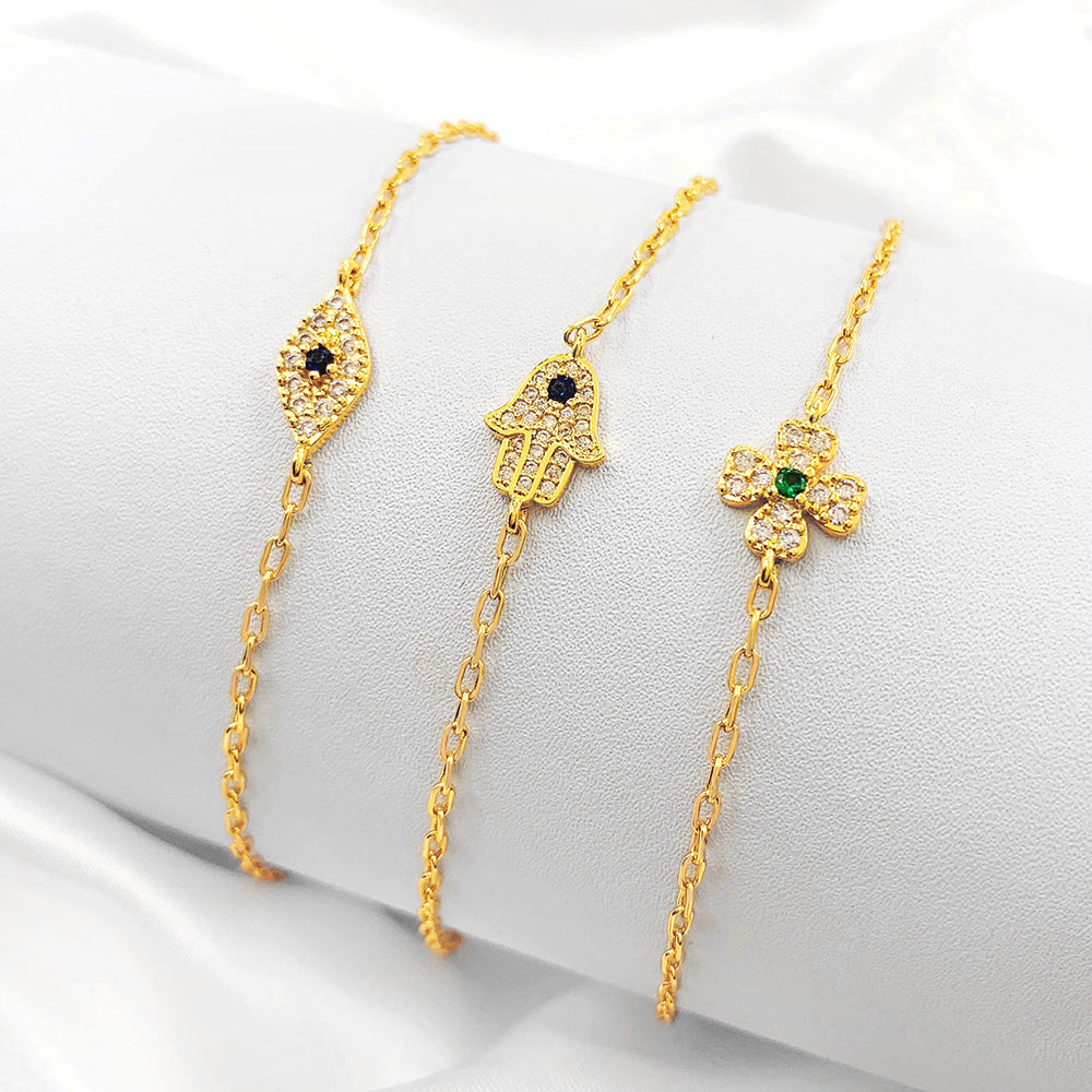Wholesale Jewelry Gold Plated Eye Flower Hamsa Hand Cz Link Chain Bracelet price of 12 pieces