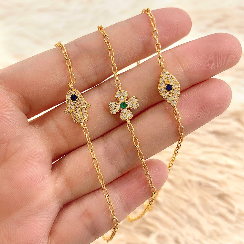 Wholesale Jewelry Gold Plated Eye Flower Hamsa Hand Cz Link Chain Bracelet price of 12 pieces