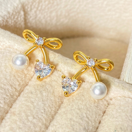 Factory Wholesale Trendy Chic Ear Jewelry 18K Gold Plated Mini Pearl Bow Earrings for Women