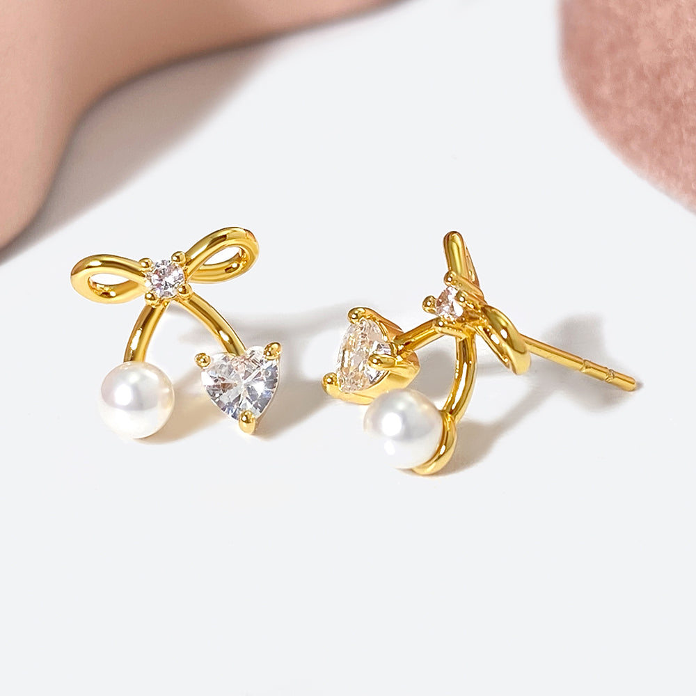 Factory Wholesale Trendy Chic Ear Jewelry 18K Gold Plated Mini Pearl Bow Earrings for Women price of 12 pieces