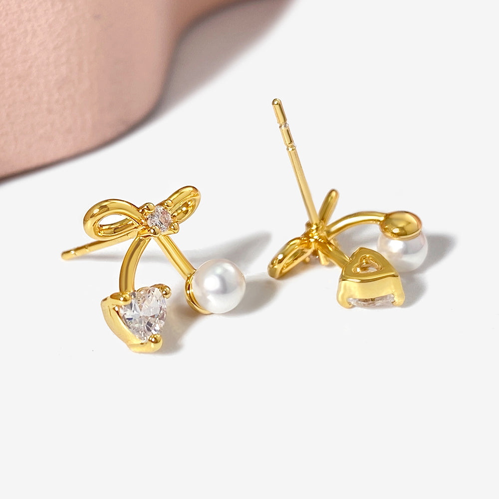 Factory Wholesale Trendy Chic Ear Jewelry 18K Gold Plated Mini Pearl Bow Earrings for Women price of 12 pieces