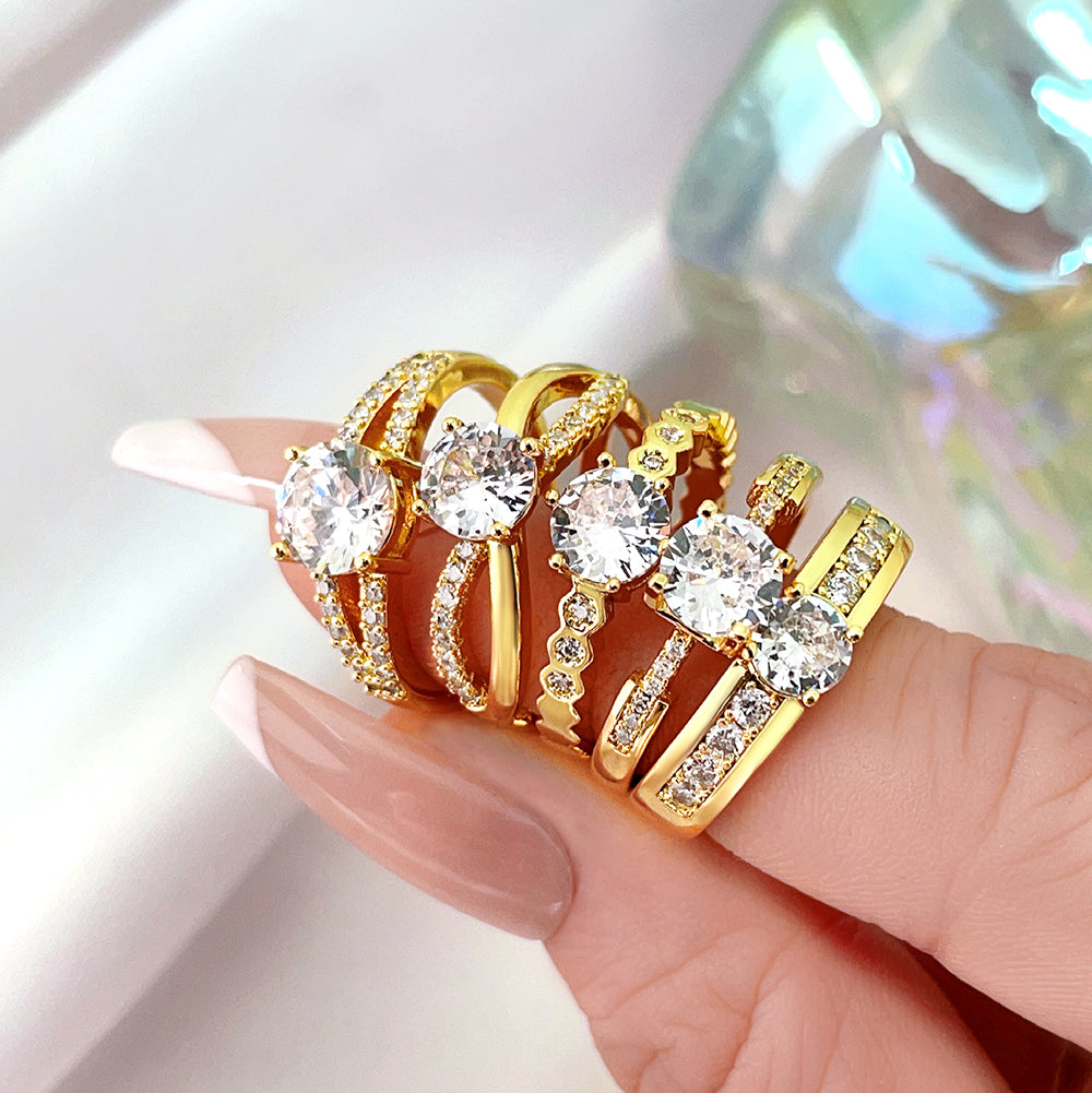 Wholesale 18K Gold Plated Clear 3A Cubic Zirconia Engagement Wedding Ring Women price of 12 pieces