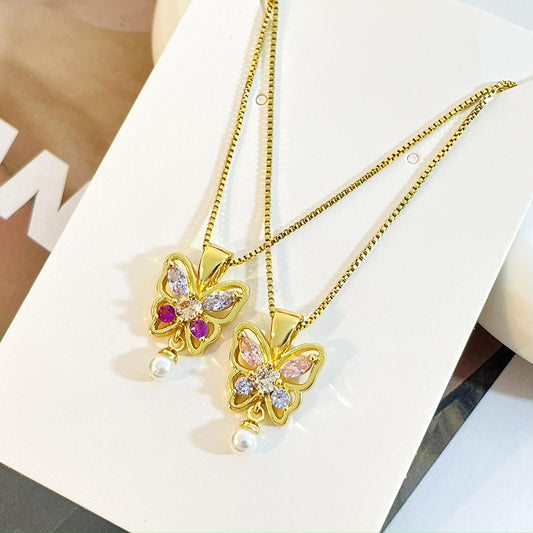 Hot Sale Custom Colorful Pearl Necklace Zircon Gem Gold Plated butterfly Necklace Jewelry set