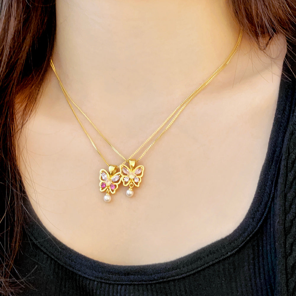 Hot Sale Custom Colorful Pearl Necklace Zircon Gem Gold Plated butterfly Necklace Jewelry set price of 12 pieces