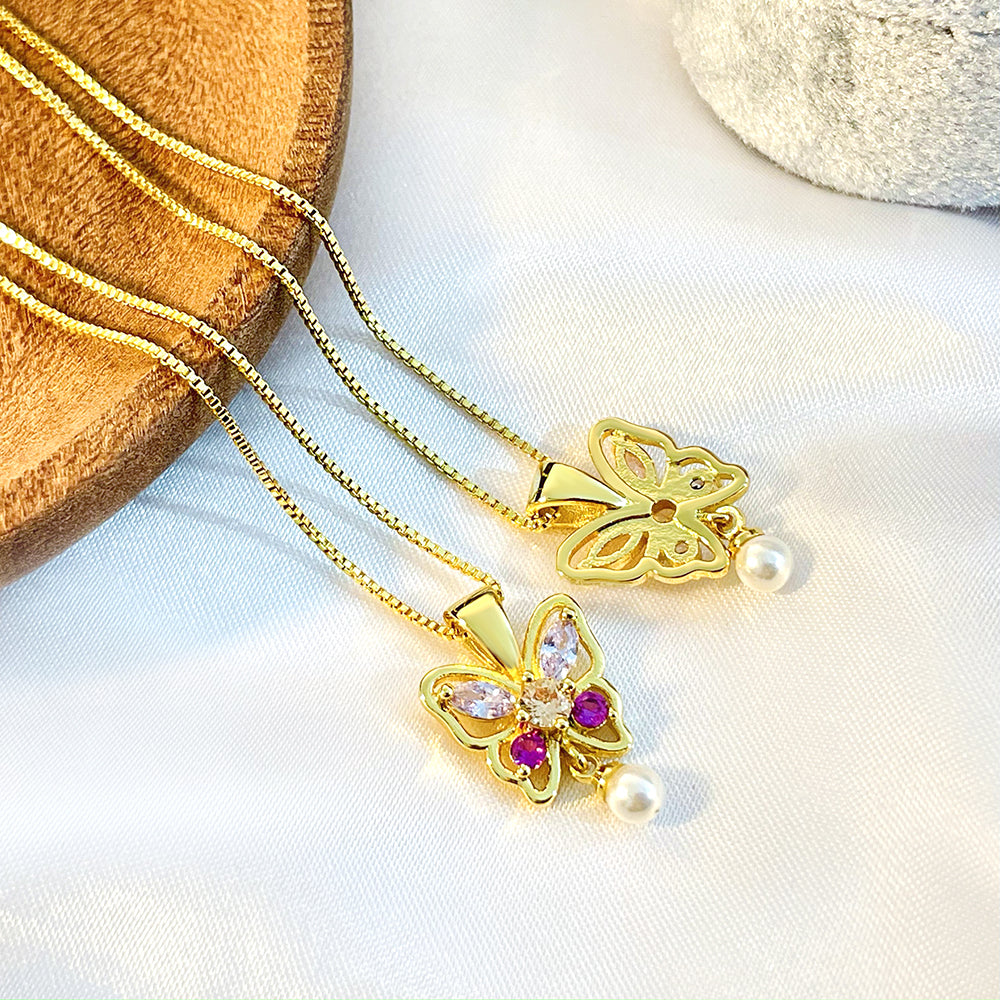 Hot Sale Custom Colorful Pearl Necklace Zircon Gem Gold Plated butterfly Necklace Jewelry set price of 12 pieces