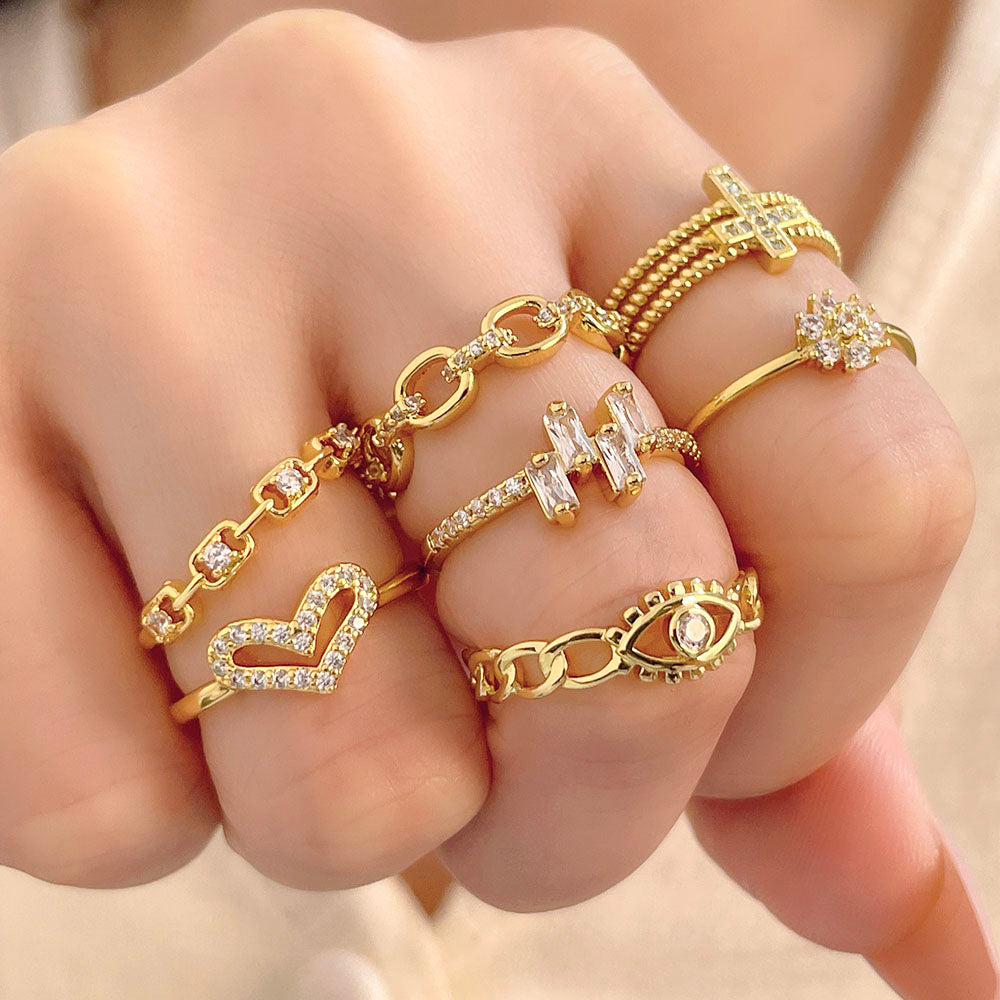 Fashion Brass Cheap Jewelry Small Band Cute 18k Gold Plated Cubic Zirconia Adjustable Rings for Girls Daily Wear
