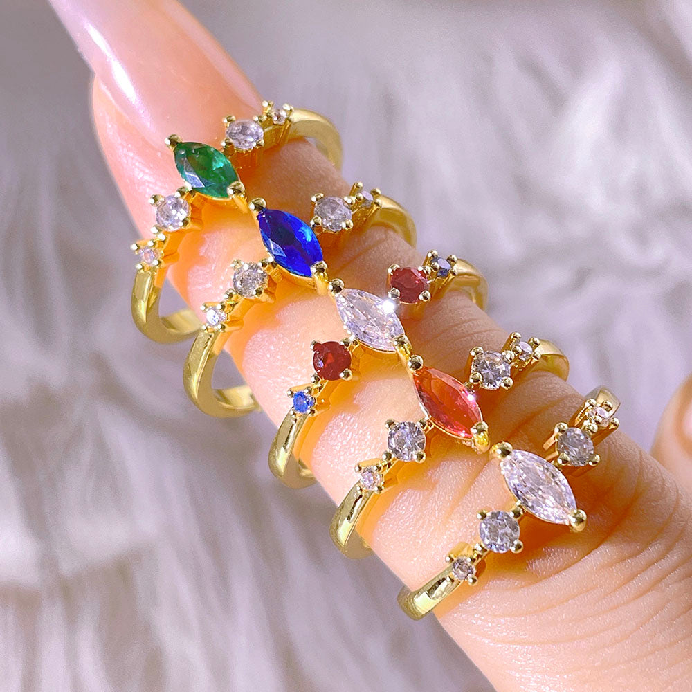 Jewelry Dainty Statement 18k Gold Plated Brass Rainbow Crystal Cubic Zircon Adjustable Ring for Women price of 12 pieces