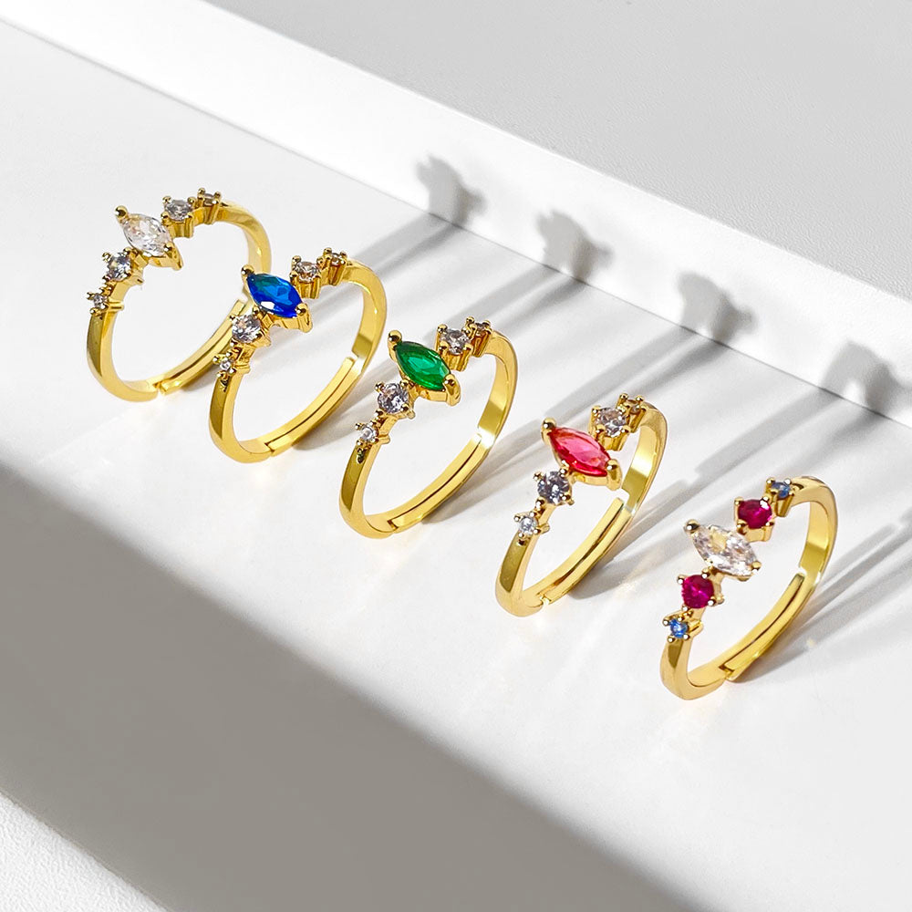 Jewelry Dainty Statement 18k Gold Plated Brass Rainbow Crystal Cubic Zircon Adjustable Ring for Women price of 12 pieces