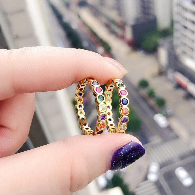 Girls Hot Sale Cz Colorful Stack Ring Bezel Setting Round Cubic Zirconia Trendy Gold Plated Rings for Women price of 12 pieces