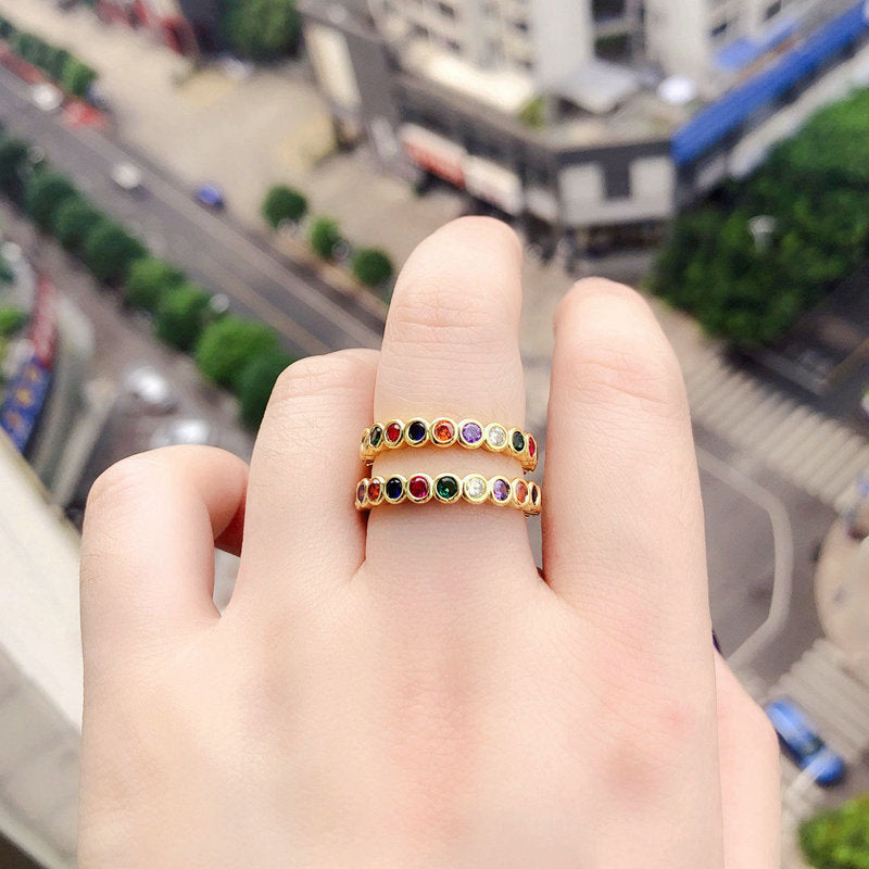 Girls Hot Sale Cz Colorful Stack Ring Bezel Setting Round Cubic Zirconia Trendy Gold Plated Rings for Women price of 12 pieces