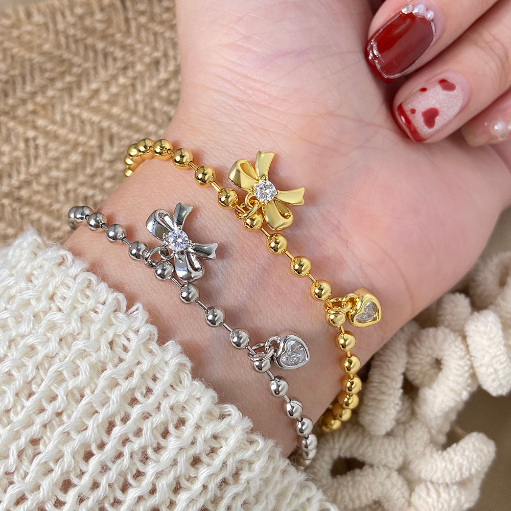 Fashion Silver Jewelry Bowknot Heart Brass Gold Plated Bead Chain Charm Bracelet price of 12 pieces