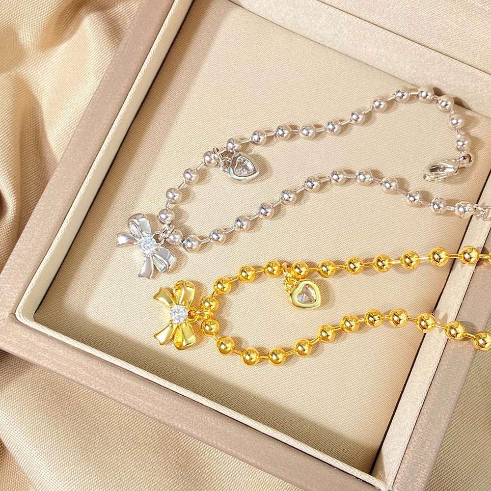 Fashion Silver Jewelry Bowknot Heart Brass Gold Plated Bead Chain Charm Bracelet price of 12 pieces