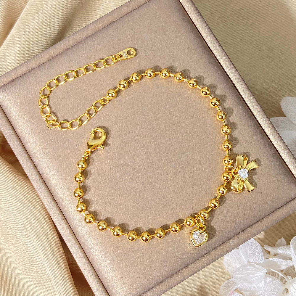 Fashion Silver Jewelry Bowknot Heart Brass Gold Plated Bead Chain Charm Bracelet price of 12 pieces