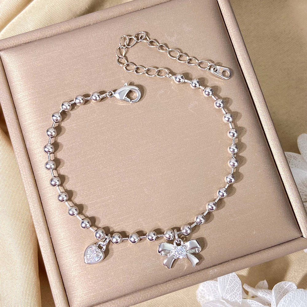 Fashion Silver Jewelry Bowknot Heart Brass Gold Plated Bead Chain Charm Bracelet price of 12 pieces