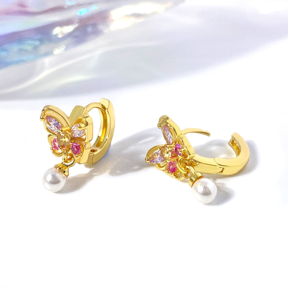 Hot Sale Custom Colorful Pearl Necklace Zircon Gem Gold Plated butterfly Necklace Jewelry set price of 12 pieces