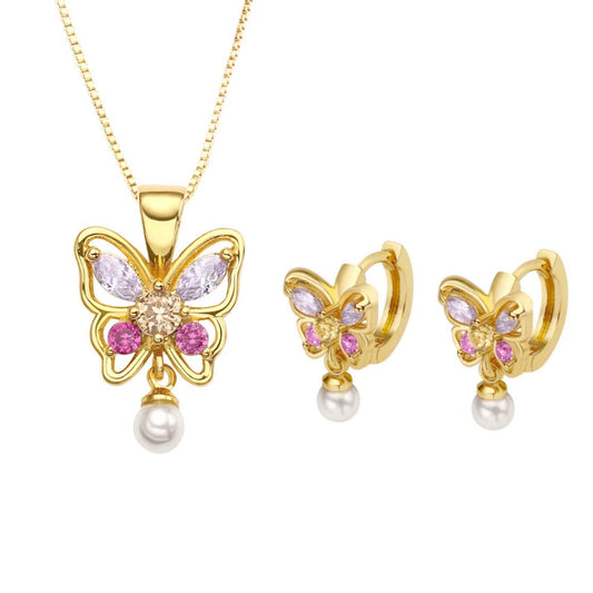 Hot Sale Custom Colorful Pearl Necklace Zircon Gem Gold Plated butterfly Necklace Jewelry set price of 12 pieces