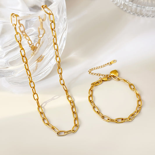Classic Style Waterproof Pvd Plated Jewelry Set Gold Plated Heart Bracelet Necklace Chain 12 piece