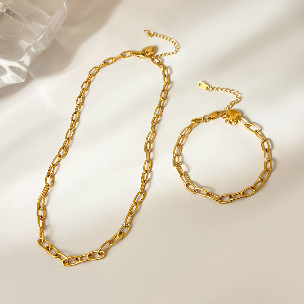 Classic Style Waterproof Pvd Plated Jewelry Set Gold Plated Heart Bracelet Necklace Chain price of 12 pieces