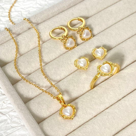 New Fashion Heart Pendant Necklace Ring Earrings 18K Gold-Plated Pearl Jewelry Set Jewelry Gift for Women  price of 12 pieces