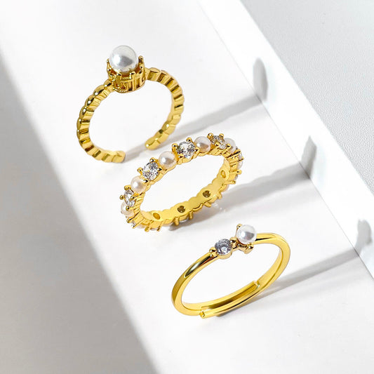 Wholesale Cheap Custom Pearl fashion Jewelry ring Sets Gold Plated  Pearl Ring for Women price of 12 pieces