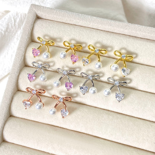 Factory Wholesale  Trendy Chic Ear Jewelry 18K Gold Plated Mini Pearl Bow Earrings for Women price of 12 pieces