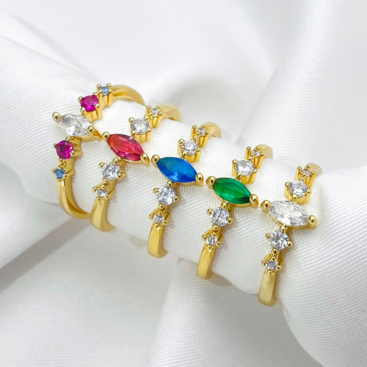 Jewelry Dainty Statement 18k Gold Plated Brass Rainbow Crystal Cubic Zircon Adjustable Ring for Women price of 12 pieces