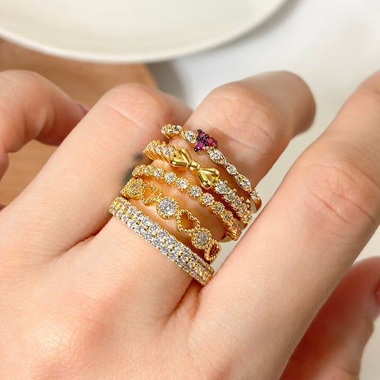 Jewelry Waterproof Jewelry Finger Adjustable Rings Women 18K Gold Plated Brass Dainty Zircon Thin Stack Ring for Girls price of 12 pieces