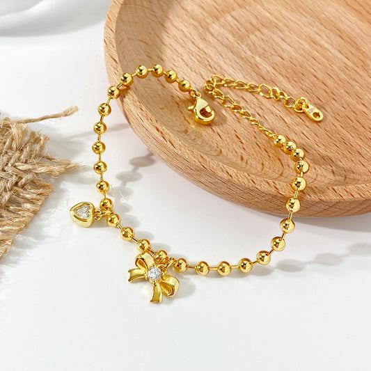 Fashion Silver Jewelry Bowknot Heart Brass Gold Plated Bead Chain Charm Bracelet price of 12 pieces